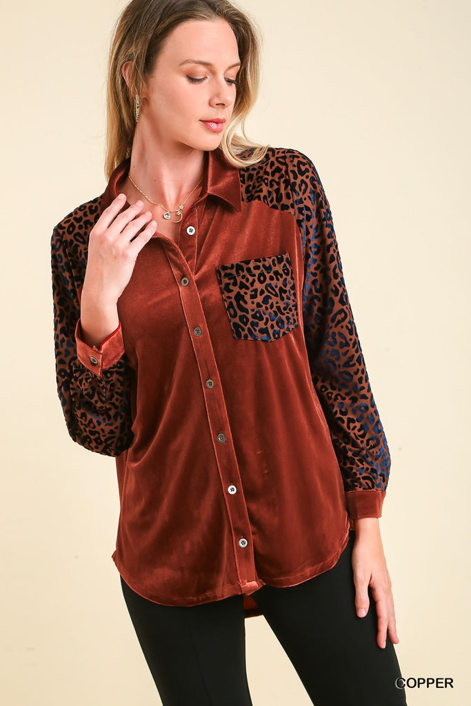 Umgee Copper Velvet Collar Button Down Jacket With Animal Print Sleeves And Chest Pocket-Jackets-Umgee-Deja Nu Boutique, Women's Fashion Boutique in Lampasas, Texas