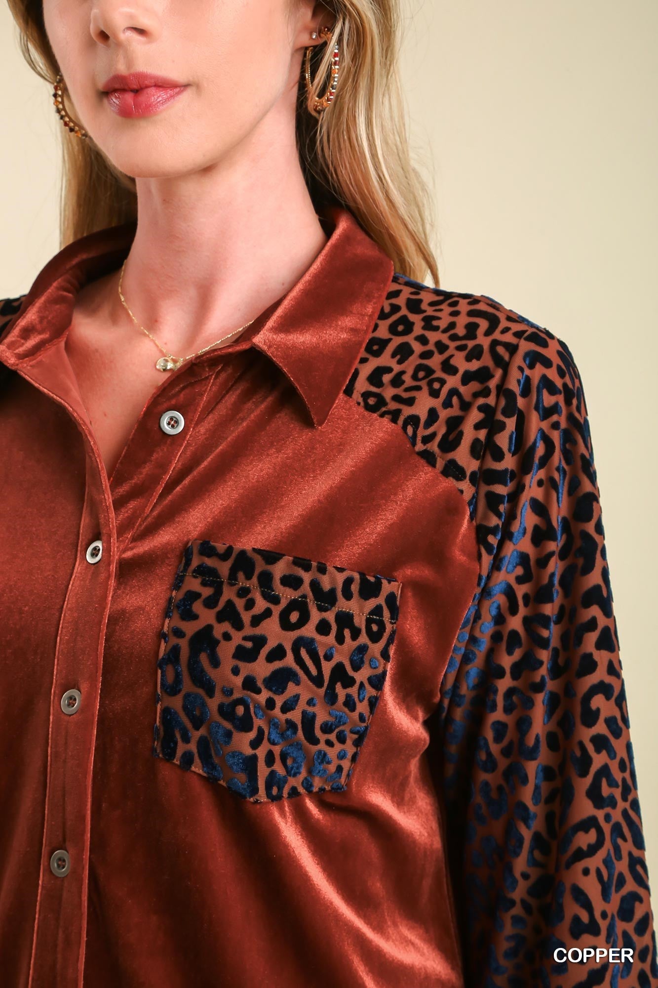 Umgee Copper Velvet Collar Button Down Jacket With Animal Print Sleeves And Chest Pocket-Jackets-Umgee-Deja Nu Boutique, Women's Fashion Boutique in Lampasas, Texas