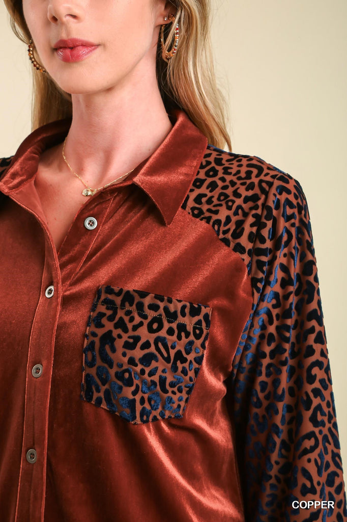 Umgee Copper Velvet Collar Button Down Jacket With Animal Print Sleeves And Chest Pocket-Jackets-Umgee-Deja Nu Boutique, Women's Fashion Boutique in Lampasas, Texas