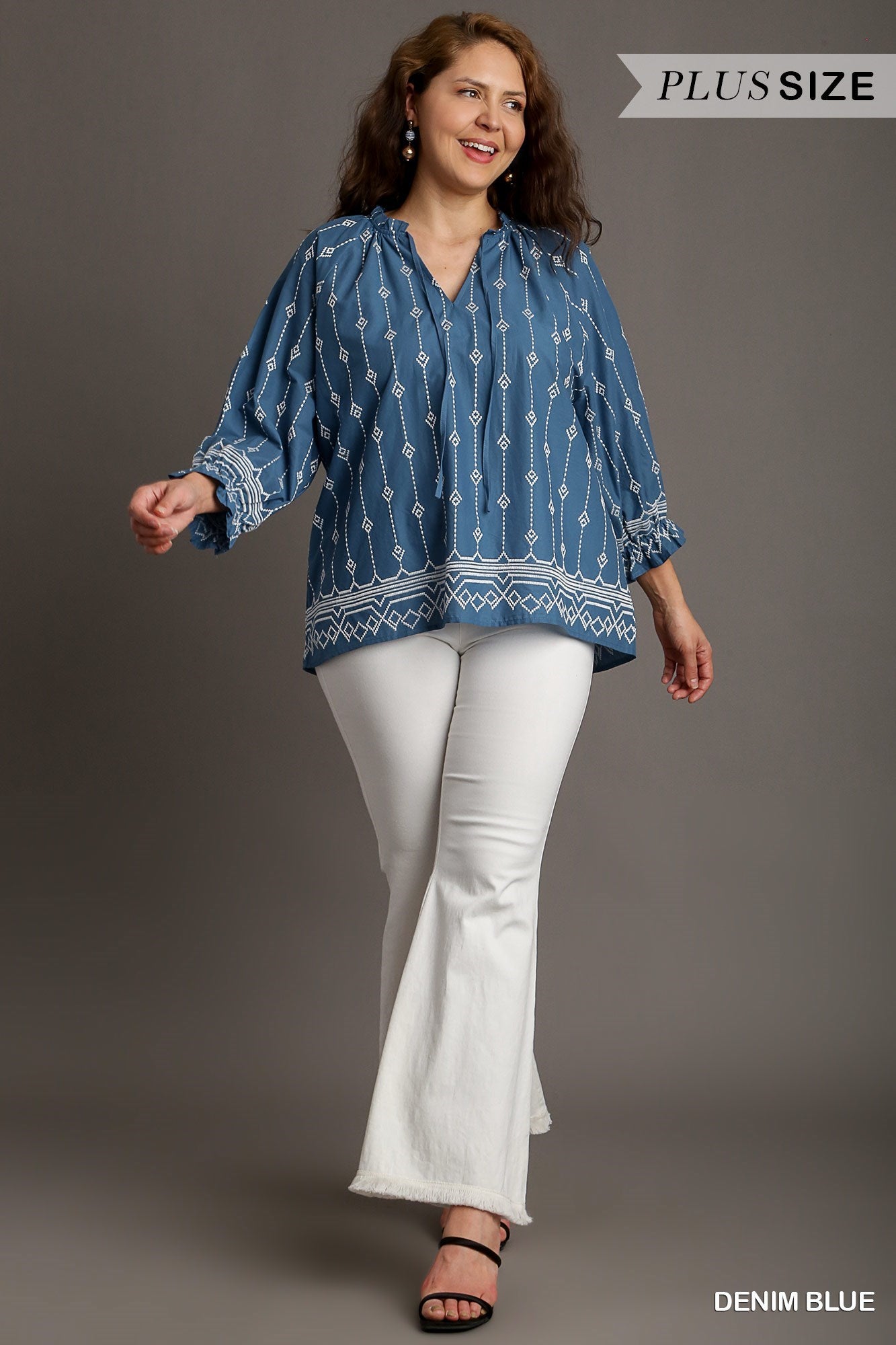 Umgee Denim Blue Embroidered Tie Front Top Plus-Curvy/Plus Tops-Umgee-Deja Nu Boutique, Women's Fashion Boutique in Lampasas, Texas