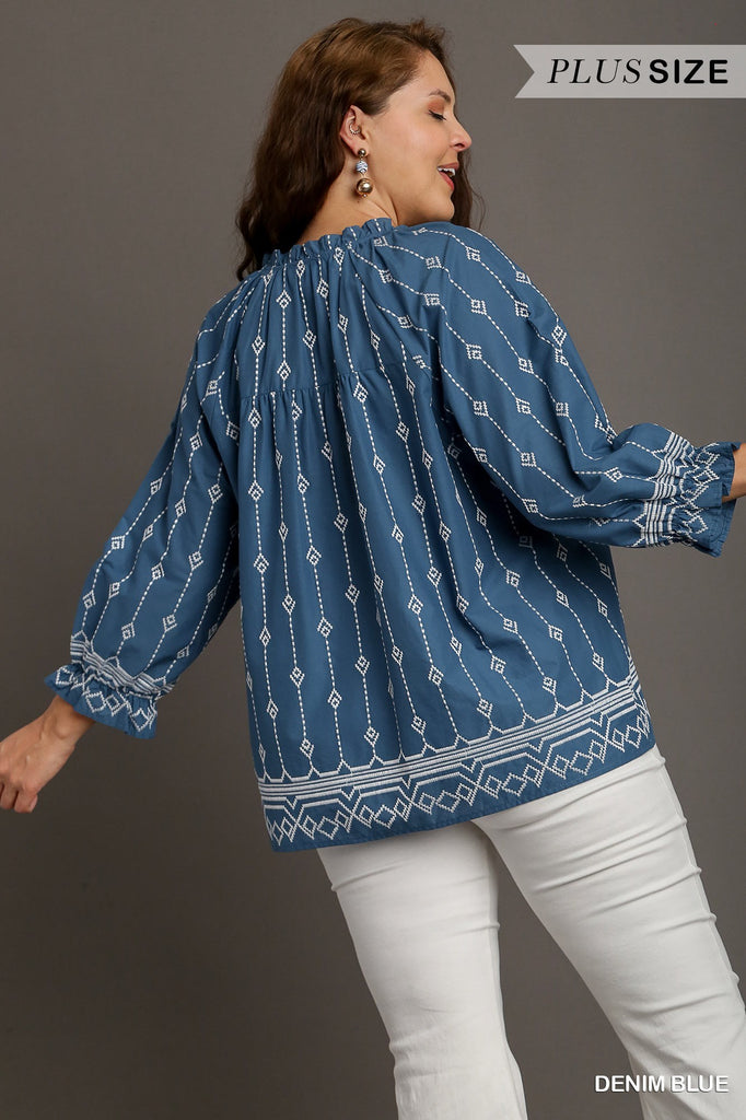 Umgee Denim Blue Embroidered Tie Front Top Plus-Curvy/Plus Tops-Umgee-Deja Nu Boutique, Women's Fashion Boutique in Lampasas, Texas