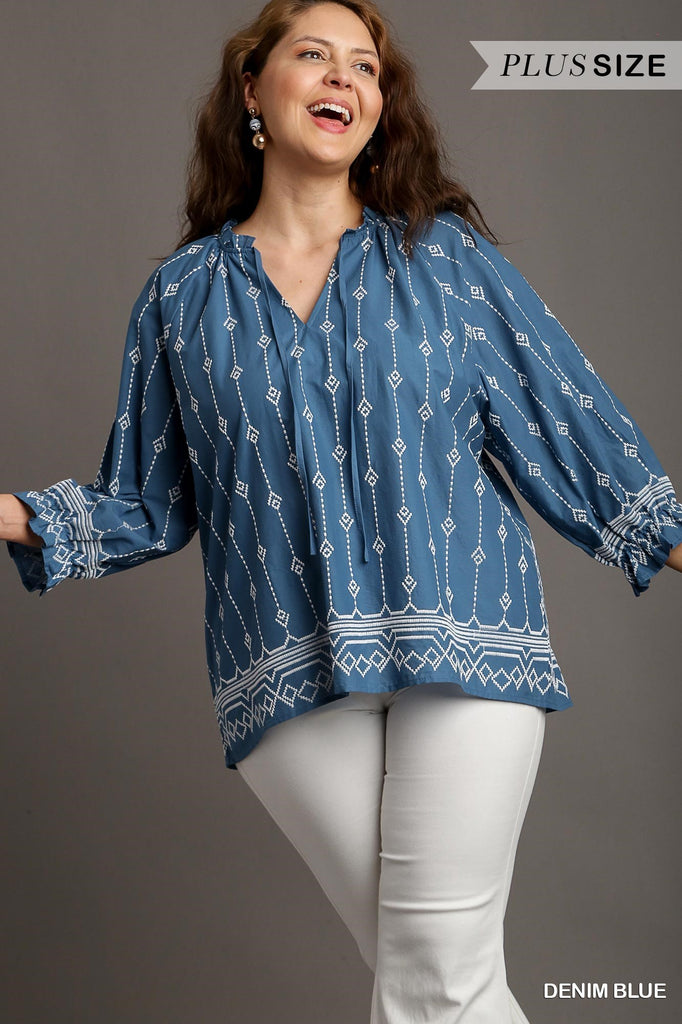 Umgee Denim Blue Embroidered Tie Front Top Plus-Curvy/Plus Tops-Umgee-Deja Nu Boutique, Women's Fashion Boutique in Lampasas, Texas