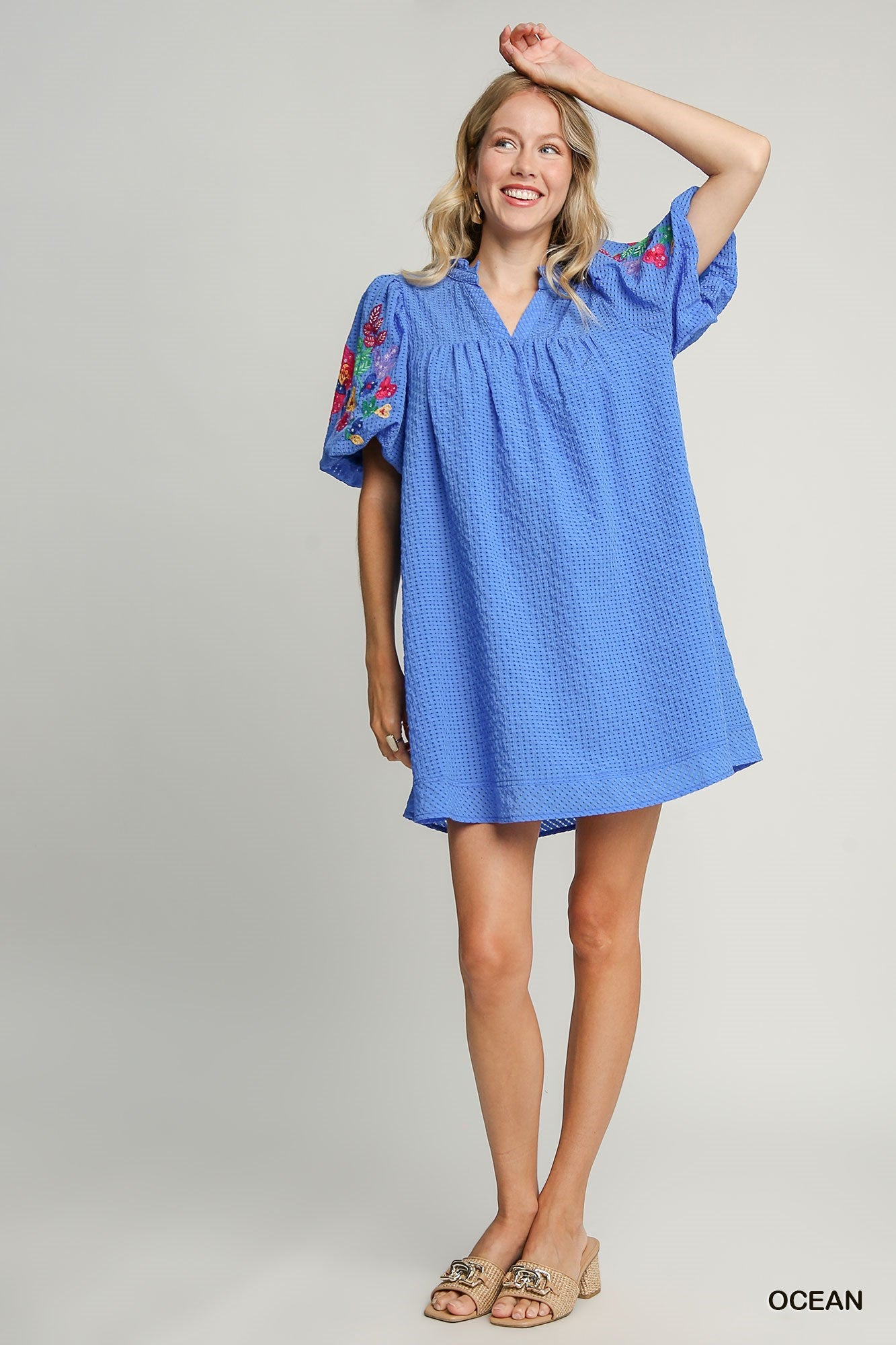 Umgee Embroidered Sleeve Seersucker Short Dress In Ocean-Short Dresses-Umgee-Deja Nu Boutique, Women's Fashion Boutique in Lampasas, Texas