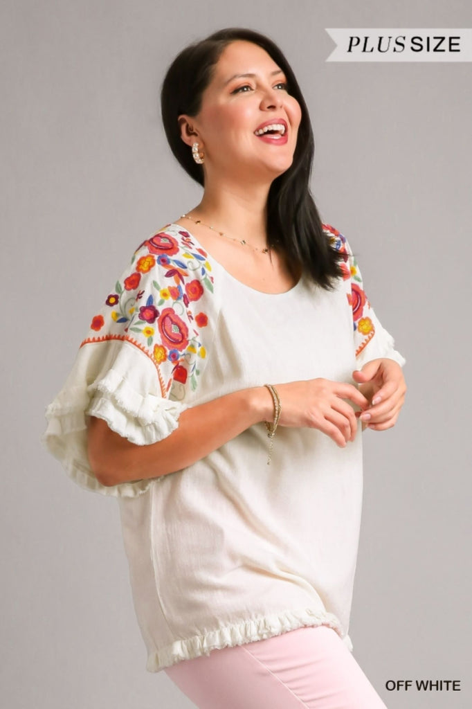 Umgee Embroidery Round Neck Top With Unfinished Frayed Hem Off White Plus-Curvy/Plus Tops-Umgee-Deja Nu Boutique, Women's Fashion Boutique in Lampasas, Texas