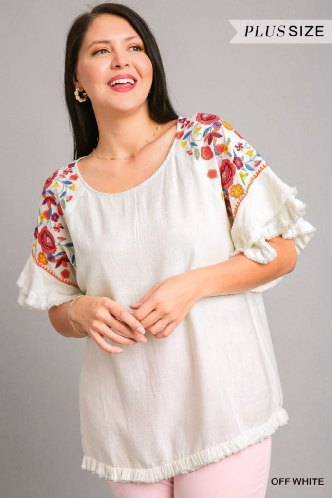 Umgee Embroidery Round Neck Top With Unfinished Frayed Hem Off White Plus-Curvy/Plus Tops-Umgee-Deja Nu Boutique, Women's Fashion Boutique in Lampasas, Texas