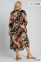 Umgee Floral Abstract Print Collard Tiered Midi Dress In Rust Mix Plus-Curvy/Plus Dresses-Umgee-Deja Nu Boutique, Women's Fashion Boutique in Lampasas, Texas