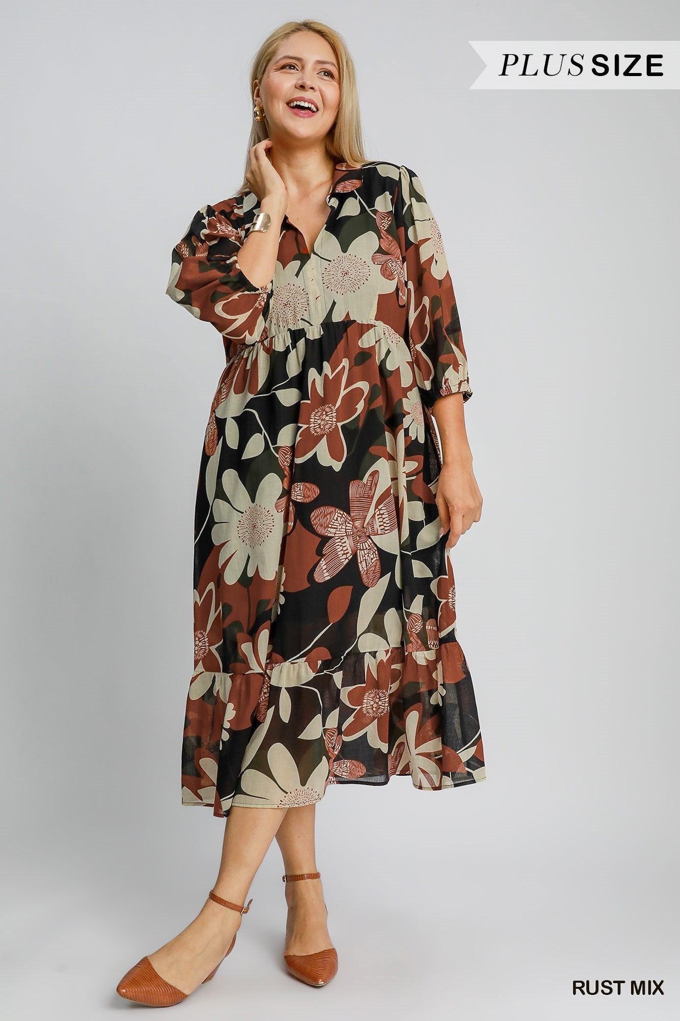 Umgee Floral Abstract Print Collard Tiered Midi Dress In Rust Mix Plus-Curvy/Plus Dresses-Umgee-Deja Nu Boutique, Women's Fashion Boutique in Lampasas, Texas