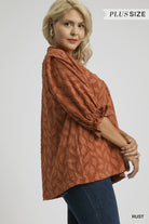 Umgee Floral Jacquard Plus V-Neck Top in Rust-Curvy/Plus Blouses-Umgee-Deja Nu Boutique, Women's Fashion Boutique in Lampasas, Texas