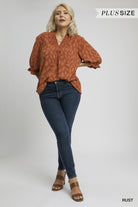 Umgee Floral Jacquard Plus V-Neck Top in Rust-Curvy/Plus Blouses-Umgee-Deja Nu Boutique, Women's Fashion Boutique in Lampasas, Texas