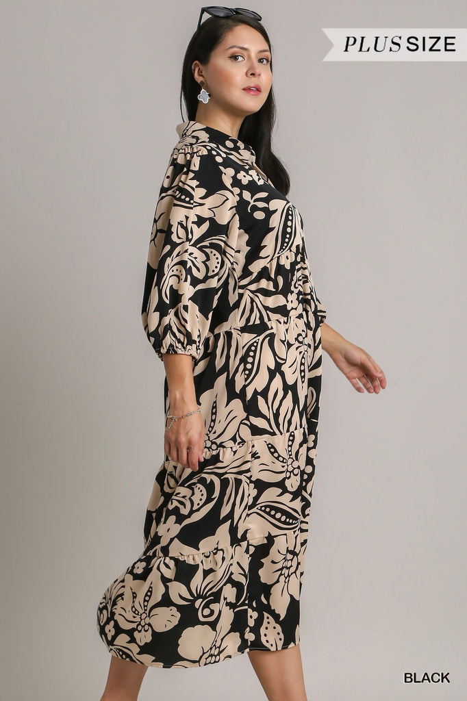 Umgee Floral Two Tone Print Tiered Dress With Balloon Sleeve Plus-Curvy/Plus Maxi Dresses-Umgee-Deja Nu Boutique, Women's Fashion Boutique in Lampasas, Texas