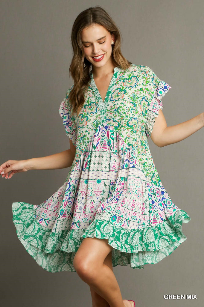 Umgee Green Mixed Print V-Notched High Low Short Ruffle Dress-Short Dresses-Umgee-Deja Nu Boutique, Women's Fashion Boutique in Lampasas, Texas