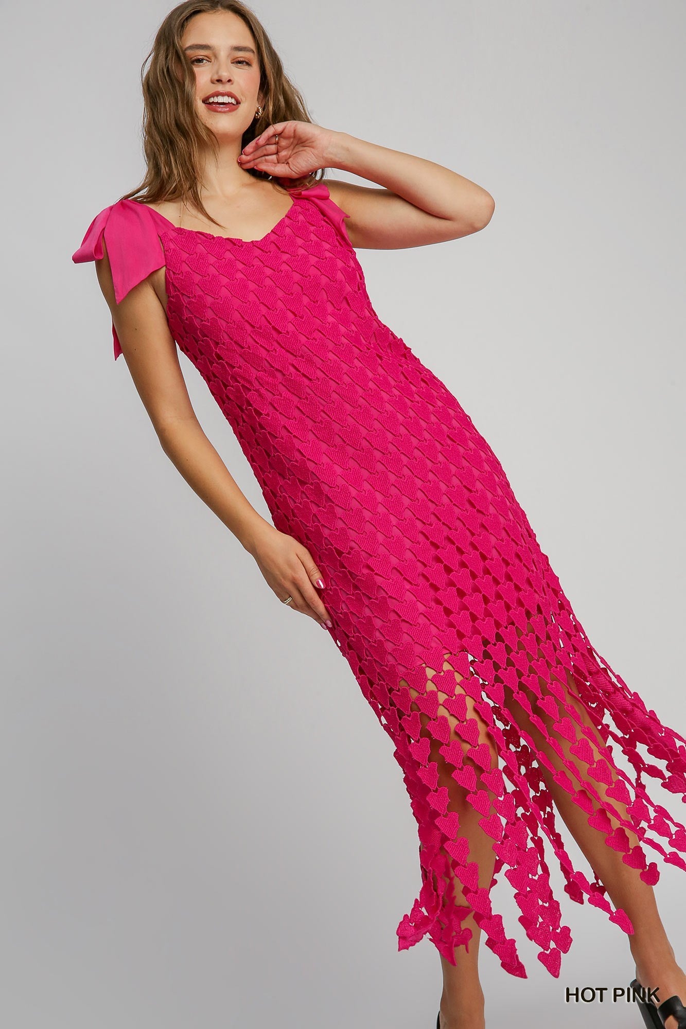 Umgee Hot Pink Heart Lace Fringe Maxi Dress With Bow Tie Strap – Romantic Boho Chic-Maxi Dresses-Umgee-Deja Nu Boutique, Women's Fashion Boutique in Lampasas, Texas