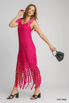 Umgee Hot Pink Heart Lace Fringe Maxi Dress With Bow Tie Strap – Romantic Boho Chic-Maxi Dresses-Umgee-Deja Nu Boutique, Women's Fashion Boutique in Lampasas, Texas