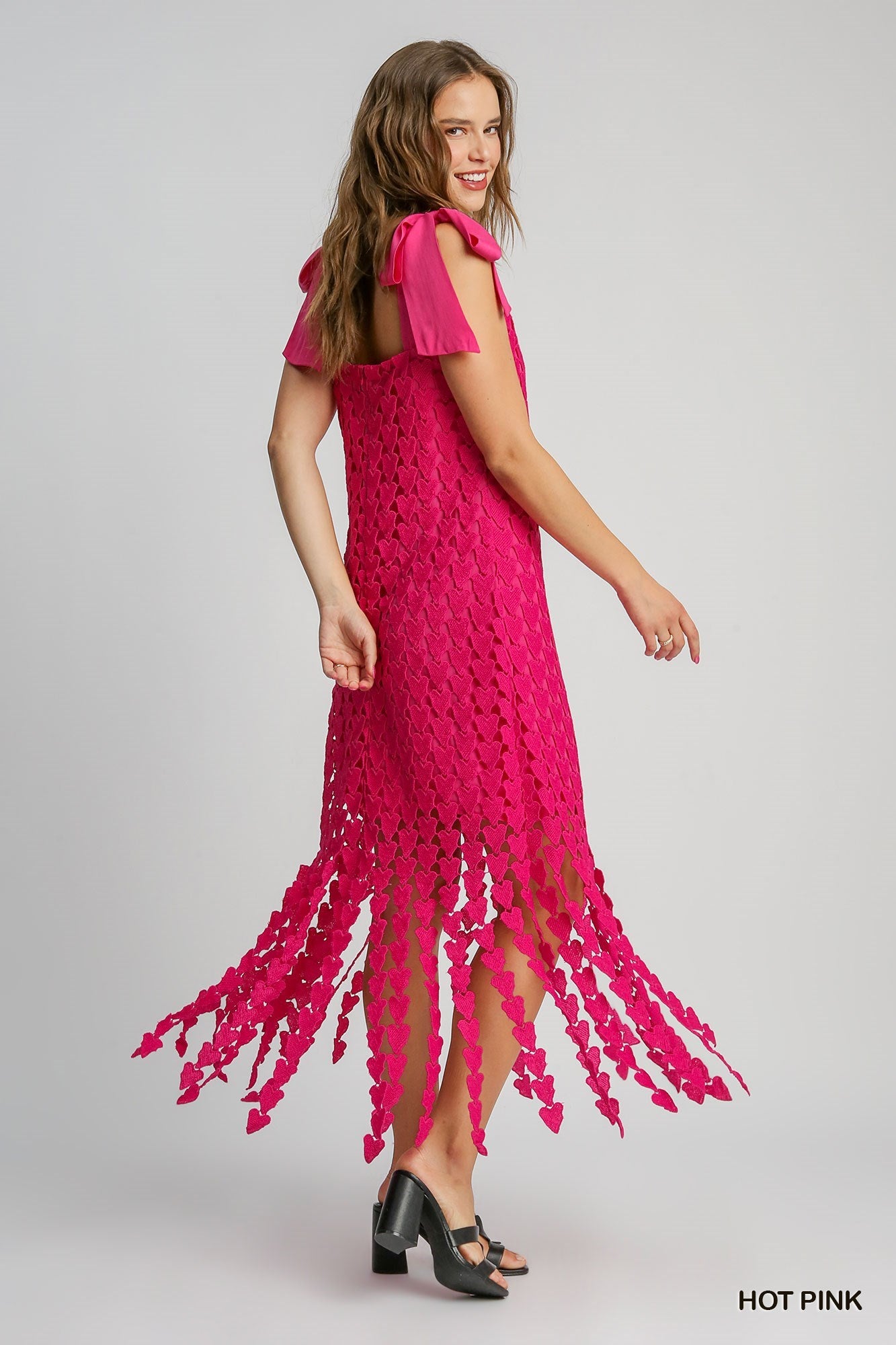 Umgee Hot Pink Heart Lace Fringe Maxi Dress With Bow Tie Strap – Romantic Boho Chic-Maxi Dresses-Umgee-Deja Nu Boutique, Women's Fashion Boutique in Lampasas, Texas