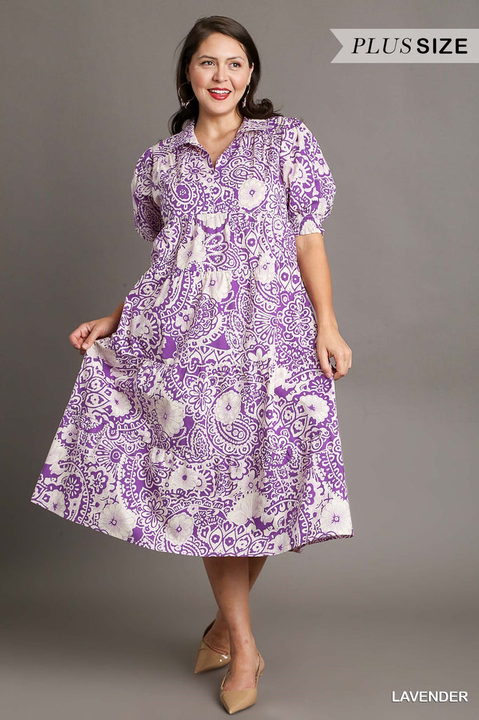 Umgee Lavender Abstract Print Tiered Dress With Puff Sleeves Plus-Midi Dresses-Umgee-Deja Nu Boutique, Women's Fashion Boutique in Lampasas, Texas