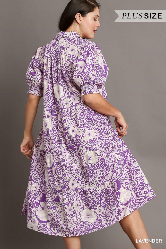 Umgee Lavender Abstract Print Tiered Dress With Puff Sleeves Plus-Midi Dresses-Umgee-Deja Nu Boutique, Women's Fashion Boutique in Lampasas, Texas