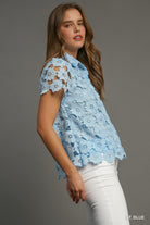 Umgee Light Blue Floral Lace Button Down Shirt-Tops-Umgee-Deja Nu Boutique, Women's Fashion Boutique in Lampasas, Texas