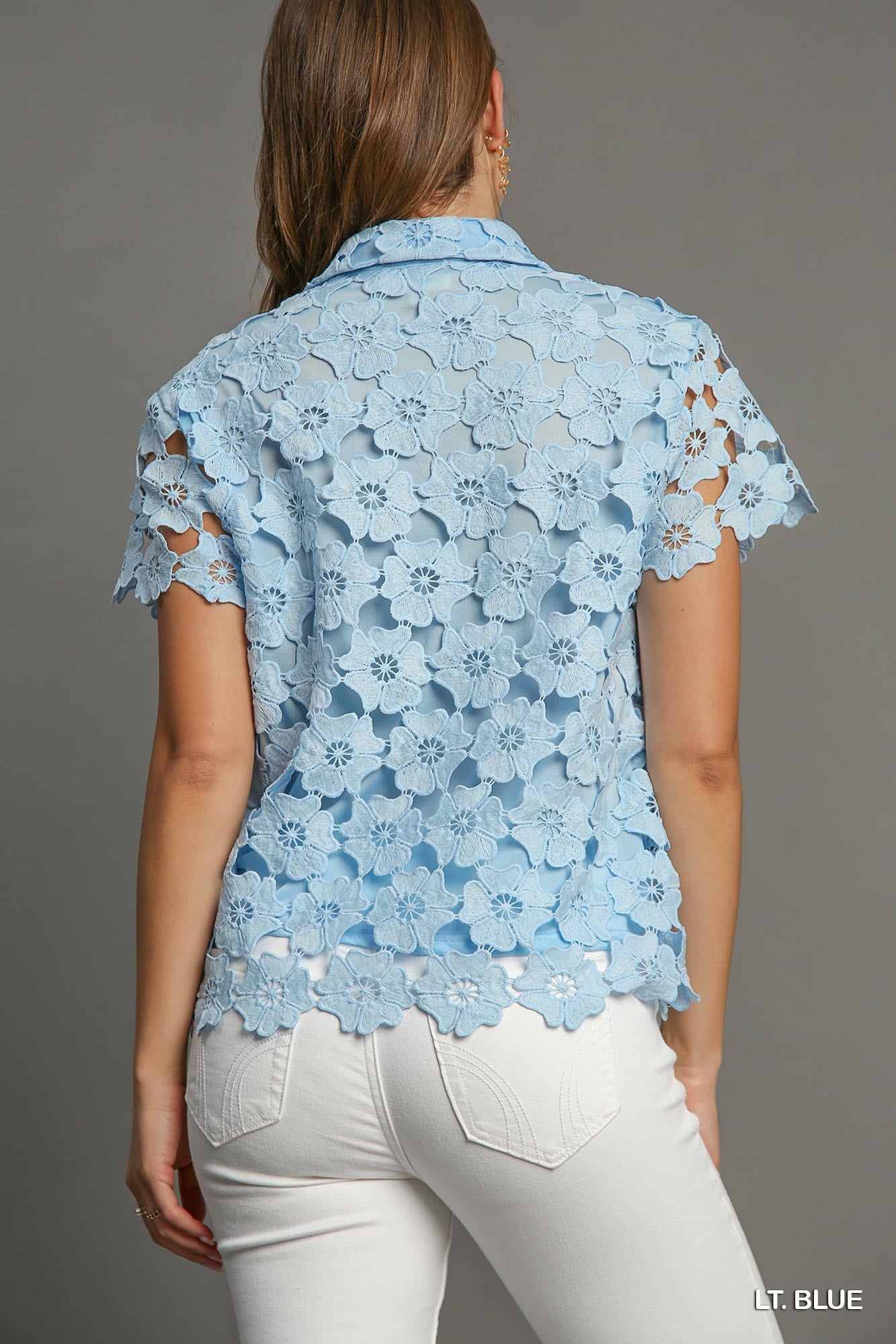 Umgee Light Blue Floral Lace Button Down Shirt-Tops-Umgee-Deja Nu Boutique, Women's Fashion Boutique in Lampasas, Texas