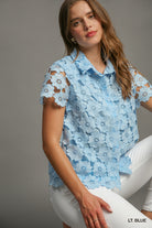 Umgee Light Blue Floral Lace Button Down Shirt-Tops-Umgee-Deja Nu Boutique, Women's Fashion Boutique in Lampasas, Texas