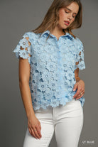 Umgee Light Blue Floral Lace Button Down Shirt-Tops-Umgee-Deja Nu Boutique, Women's Fashion Boutique in Lampasas, Texas