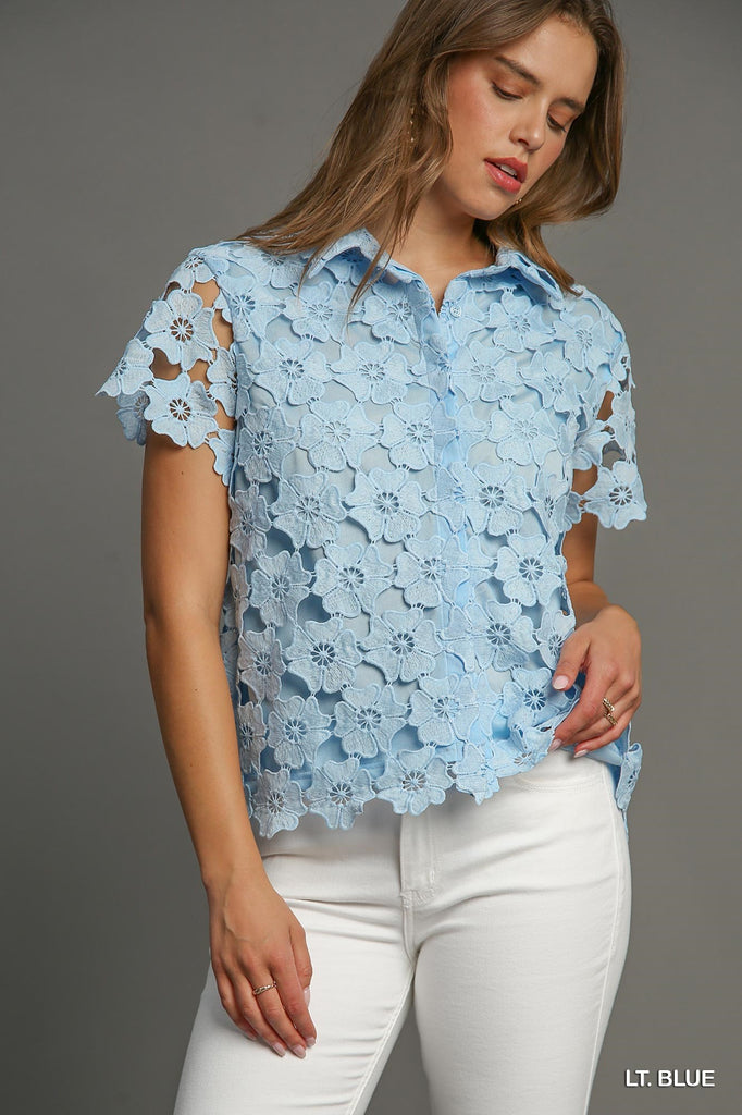 Umgee Light Blue Floral Lace Button Down Shirt-Tops-Umgee-Deja Nu Boutique, Women's Fashion Boutique in Lampasas, Texas