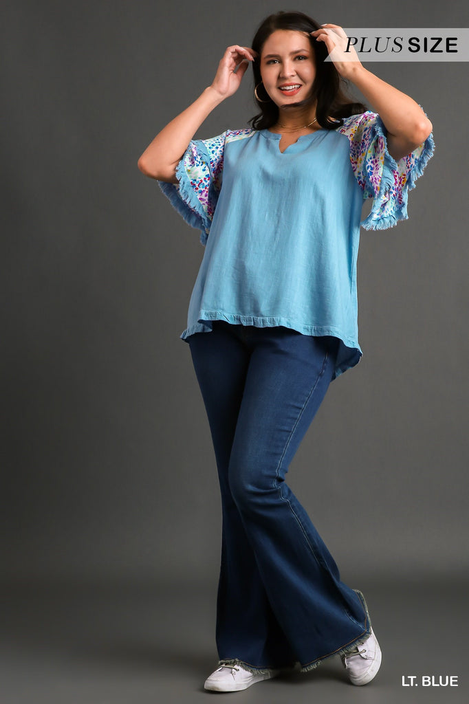 Umgee Light Blue V-Notched Top With Multi Spotted Double Layer Flutter Sleeves Plus-Curvy/Plus Tops-Umgee-Deja Nu Boutique, Women's Fashion Boutique in Lampasas, Texas