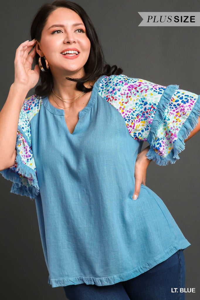 Umgee Light Blue V-Notched Top With Multi Spotted Double Layer Flutter Sleeves Plus-Curvy/Plus Tops-Umgee-Deja Nu Boutique, Women's Fashion Boutique in Lampasas, Texas