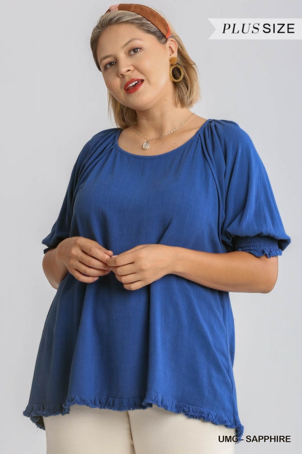 Umgee Linen Blend Balloon Sleeve Top In Sapphire-Curvy/Plus Tops-umgee-Deja Nu Boutique, Women's Fashion Boutique in Lampasas, Texas