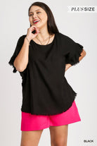 Umgee Linen Blend Black Short Ruffle Sleeve Top With Frayed Hem Plus-Curvy/Plus Tops-Umgee-Deja Nu Boutique, Women's Fashion Boutique in Lampasas, Texas