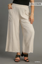 Umgee Linen Blend Oatmeal Stripe Wide Leg Pants With Frayed Details Plus-Curvy/Plus Bottoms-Umgee-Deja Nu Boutique, Women's Fashion Boutique in Lampasas, Texas