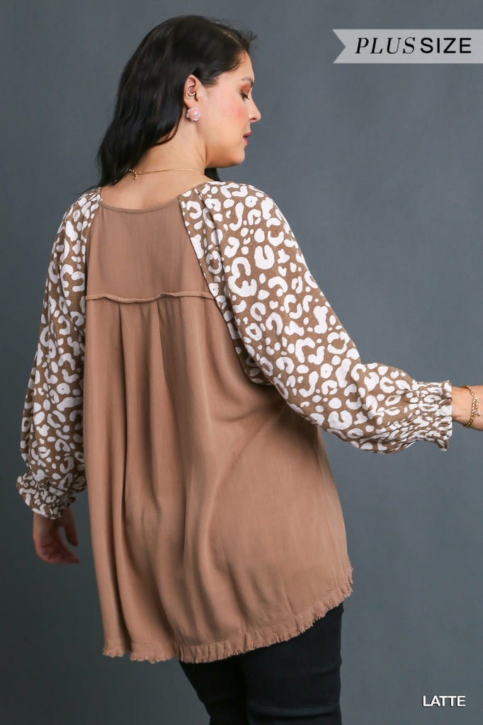 Umgee Linen Blend Round Neck Top With Unfinished Frayed Hem & Animal Print Sleeves In Latte Plus-Curvy/Plus Tops-Umgee-Deja Nu Boutique, Women's Fashion Boutique in Lampasas, Texas
