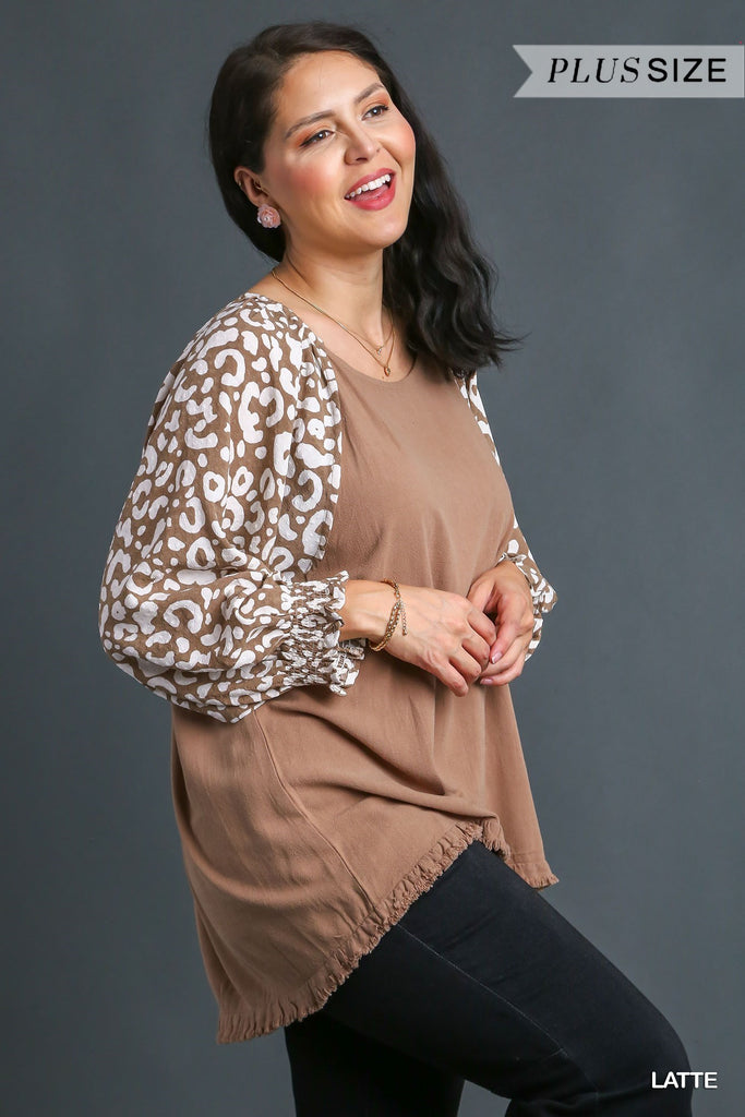 Umgee Linen Blend Round Neck Top With Unfinished Frayed Hem & Animal Print Sleeves In Latte Plus-Curvy/Plus Tops-Umgee-Deja Nu Boutique, Women's Fashion Boutique in Lampasas, Texas