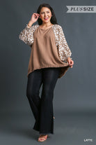 Umgee Linen Blend Round Neck Top With Unfinished Frayed Hem & Animal Print Sleeves In Latte Plus-Curvy/Plus Tops-Umgee-Deja Nu Boutique, Women's Fashion Boutique in Lampasas, Texas