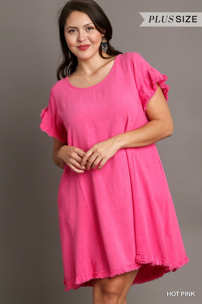 Umgee Linen Blend Short Ruffle Sleeve Dress In Hot Pink Plus-Curvy/Plus Dresses-Umgee-Deja Nu Boutique, Women's Fashion Boutique in Lampasas, Texas