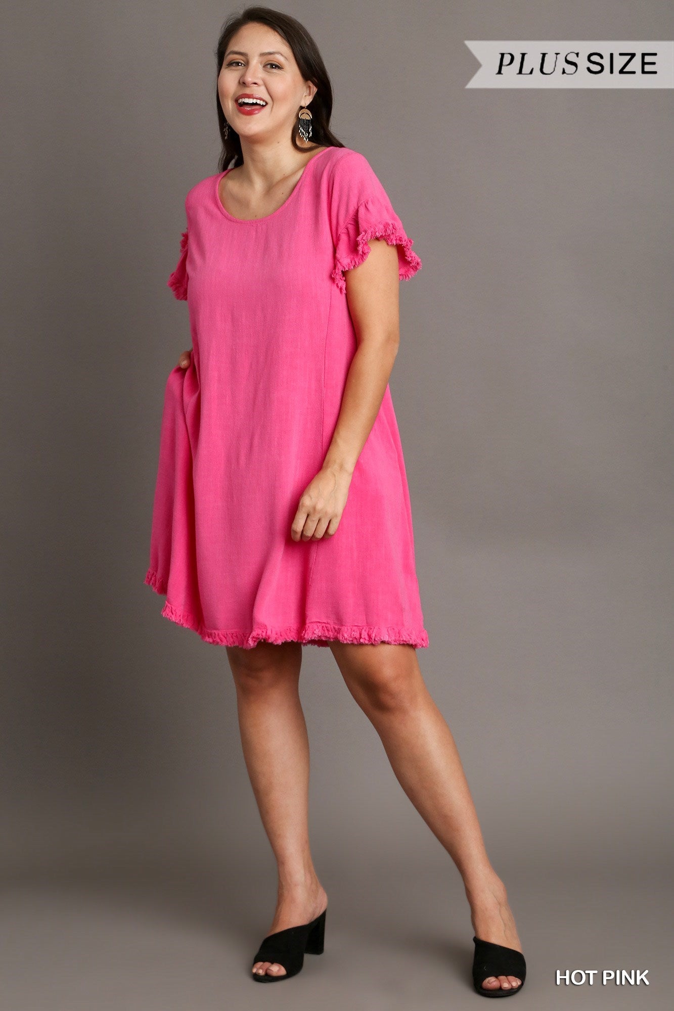 Umgee Linen Blend Short Ruffle Sleeve Dress In Hot Pink Plus-Curvy/Plus Dresses-Umgee-Deja Nu Boutique, Women's Fashion Boutique in Lampasas, Texas