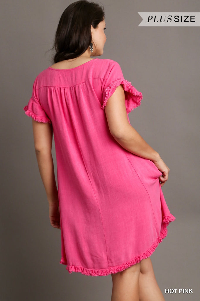 Umgee Linen Blend Short Ruffle Sleeve Dress In Hot Pink Plus-Curvy/Plus Dresses-Umgee-Deja Nu Boutique, Women's Fashion Boutique in Lampasas, Texas