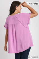 Umgee Linen Blend Short Sleeve Fringed High Low Top In Pink Mauve Plus-Curvy/Plus Tops-Umgee-Deja Nu Boutique, Women's Fashion Boutique in Lampasas, Texas