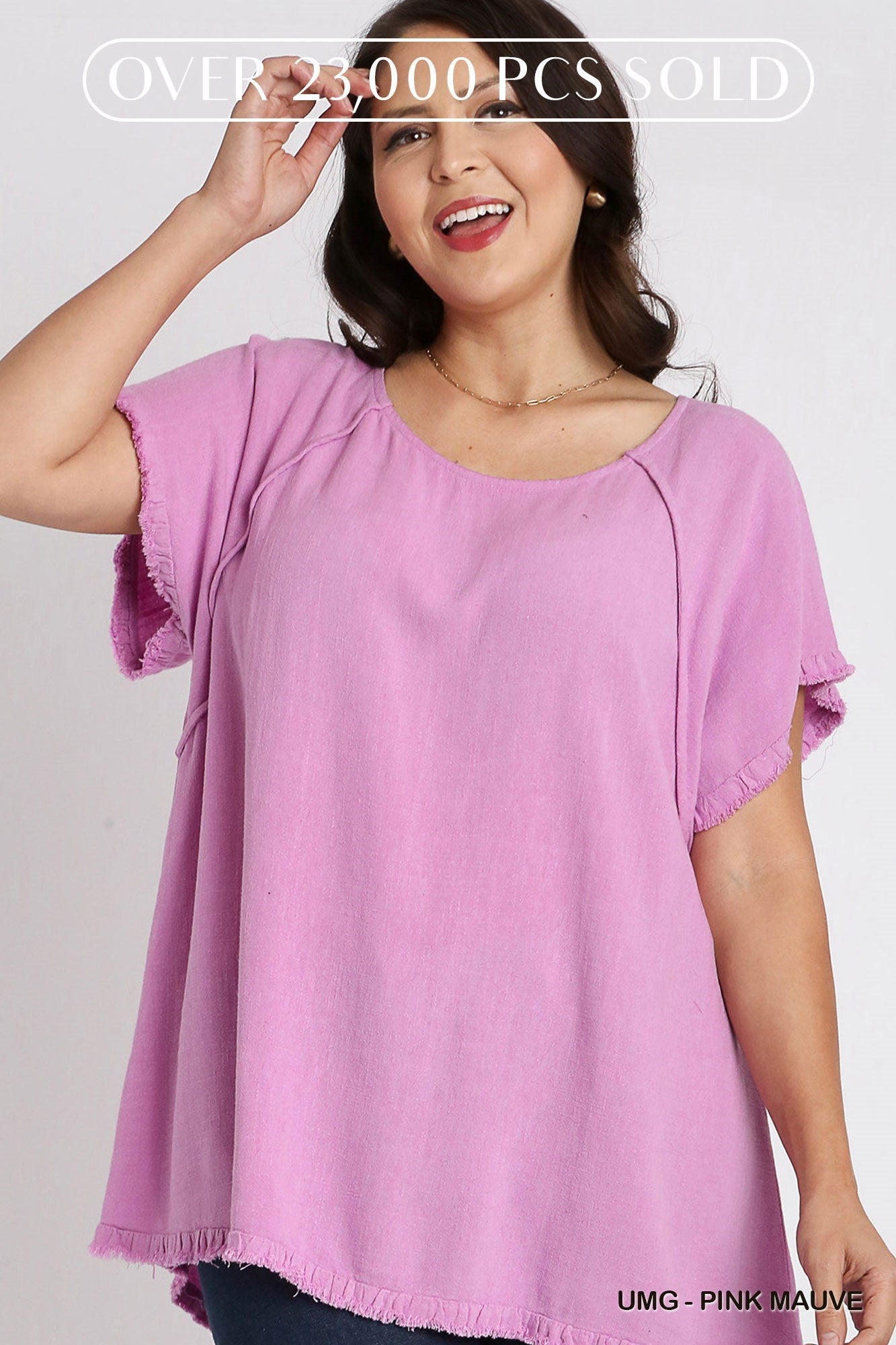 Umgee Linen Blend Short Sleeve Fringed High Low Top In Pink Mauve Plus-Curvy/Plus Tops-Umgee-Deja Nu Boutique, Women's Fashion Boutique in Lampasas, Texas