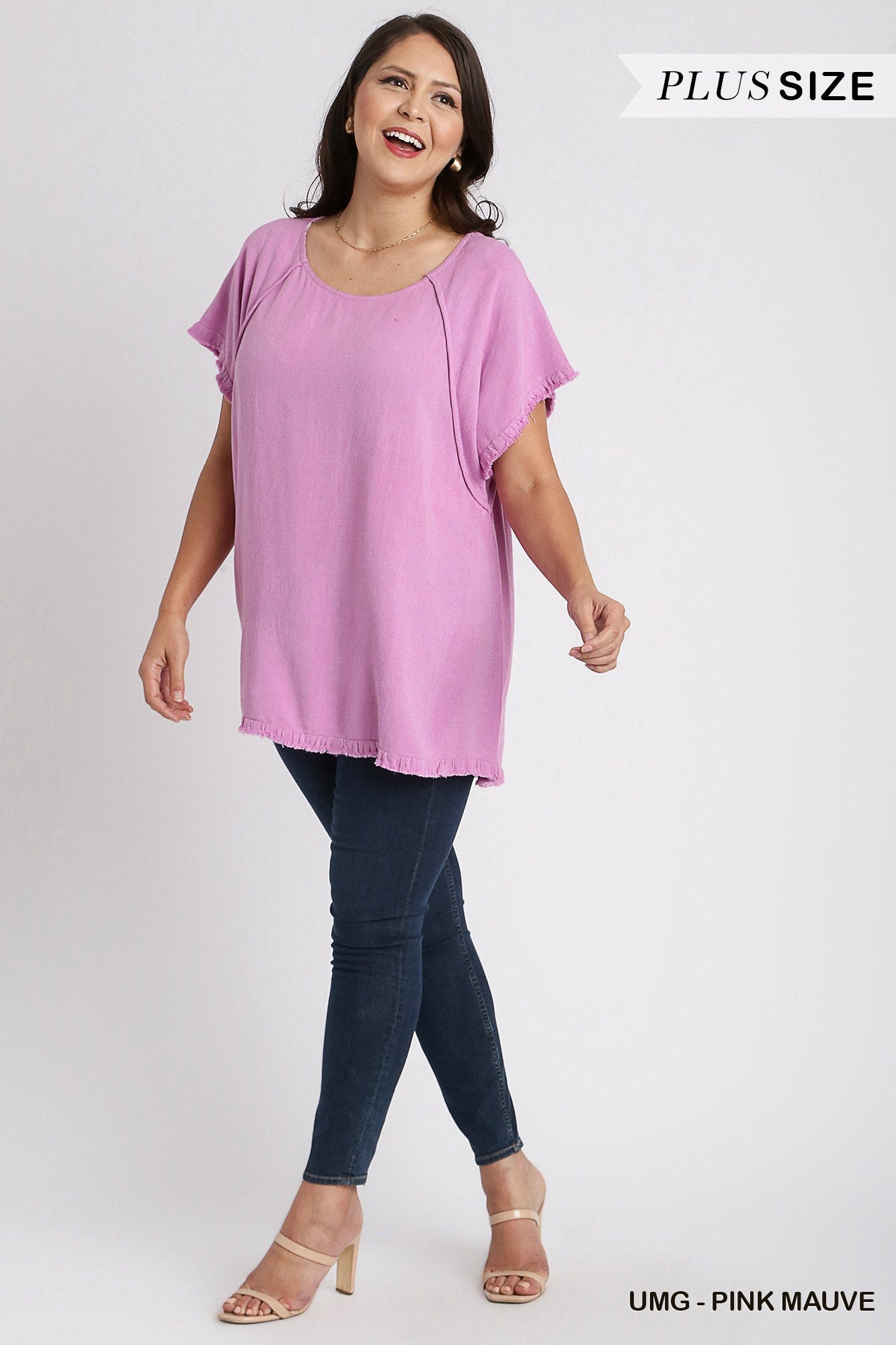 Umgee Linen Blend Short Sleeve Fringed High Low Top In Pink Mauve Plus-Curvy/Plus Tops-Umgee-Deja Nu Boutique, Women's Fashion Boutique in Lampasas, Texas