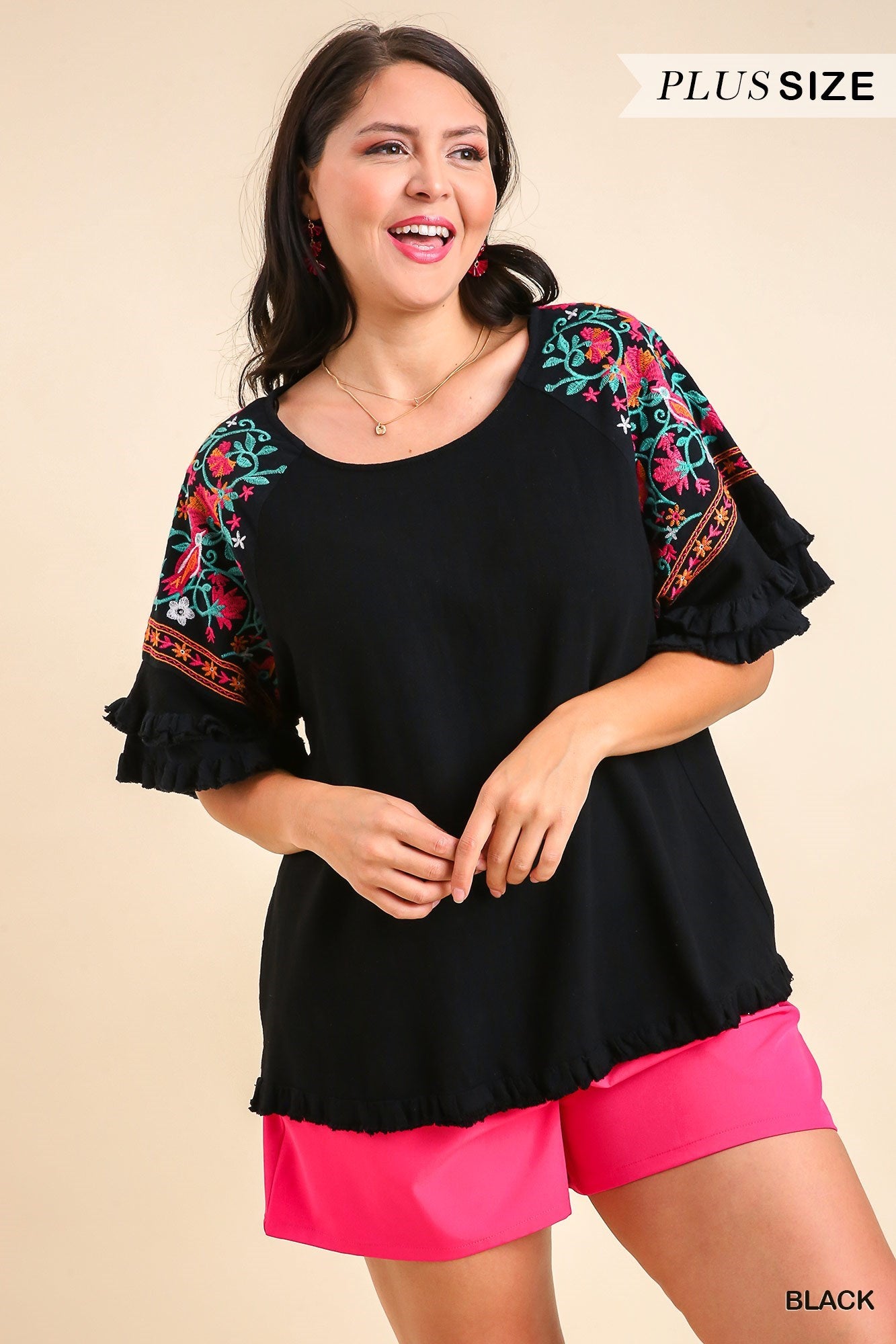 Umgee Linen Blend Top With Embroidery Bell Sleeve & Unfinished Frayed Hem In Black Plus-Curvy/Plus Tops-Umgee-Deja Nu Boutique, Women's Fashion Boutique in Lampasas, Texas