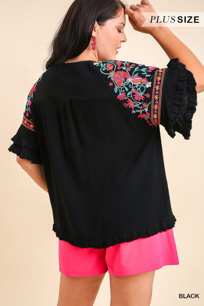 Umgee Linen Blend Top With Embroidery Bell Sleeve & Unfinished Frayed Hem In Black Plus-Curvy/Plus Tops-Umgee-Deja Nu Boutique, Women's Fashion Boutique in Lampasas, Texas