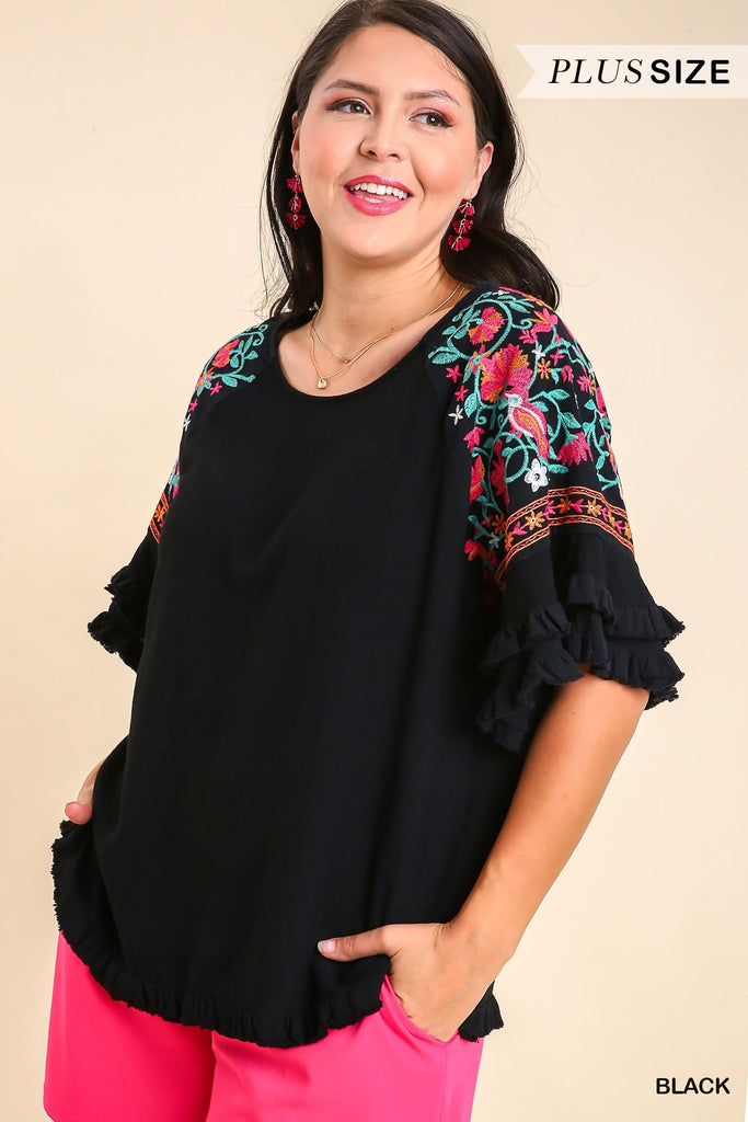 Umgee Linen Blend Top With Embroidery Bell Sleeve & Unfinished Frayed Hem In Black Plus-Curvy/Plus Tops-Umgee-Deja Nu Boutique, Women's Fashion Boutique in Lampasas, Texas
