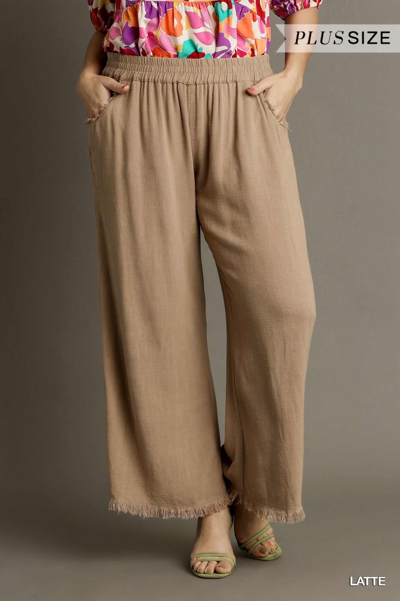 Umgee Linen Blend Wide Leg Pants With Elastic Waistband And Frayed Hem Bottoms In Latte Plus-Curvy/Plus Bottoms-Umgee-Deja Nu Boutique, Women's Fashion Boutique in Lampasas, Texas