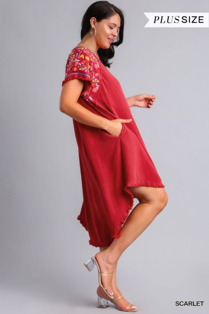Umgee Linen Short Sleeve Embroidery Dress With High Low Hem And Unfinished Fringe In Scarlet Plus-Curvy/Plus Dresses-Umgee-Deja Nu Boutique, Women's Fashion Boutique in Lampasas, Texas