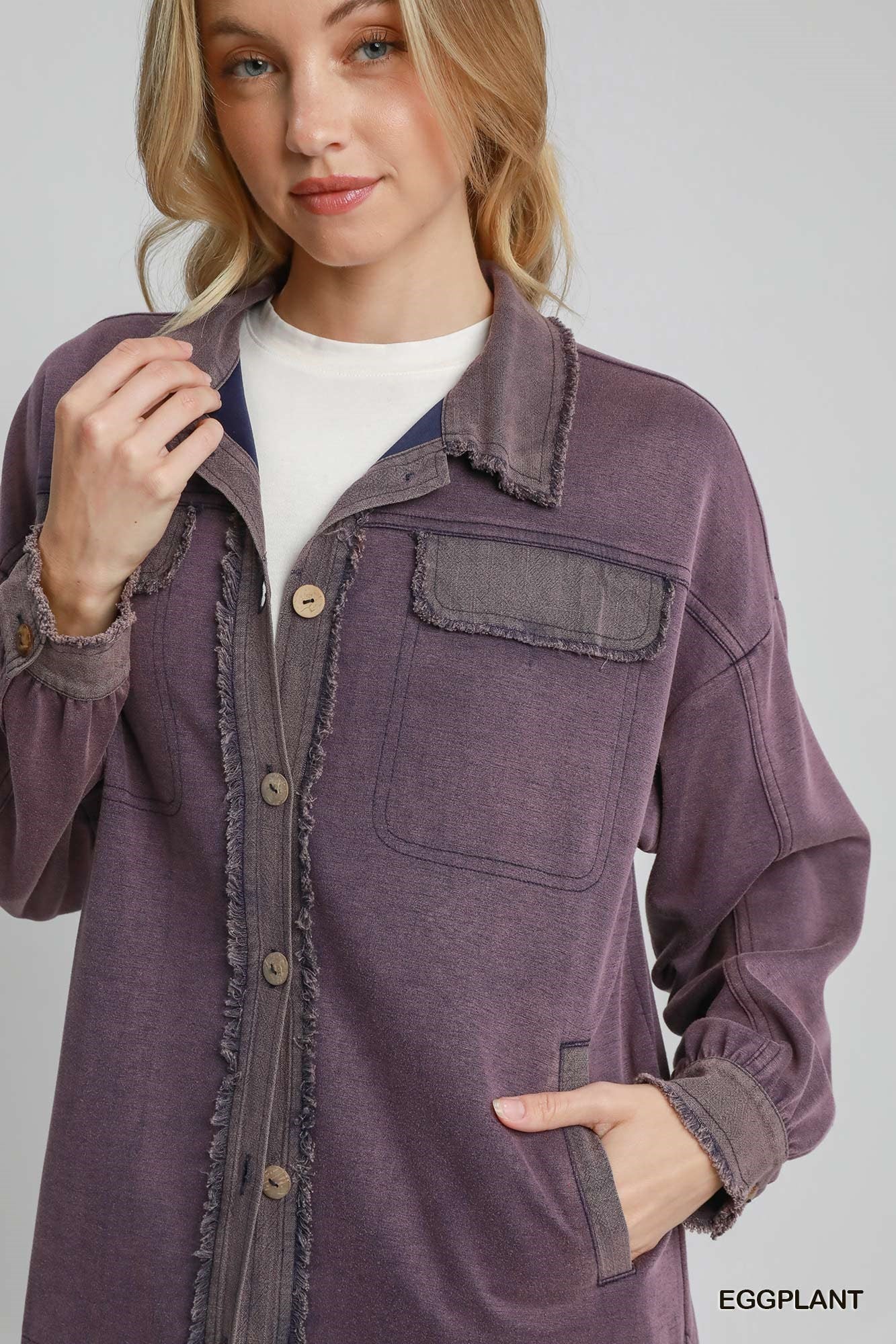 Umgee Luxeknit Mineral Wash Shacket In Eggplant-Shackets-Umgee-Deja Nu Boutique, Women's Fashion Boutique in Lampasas, Texas