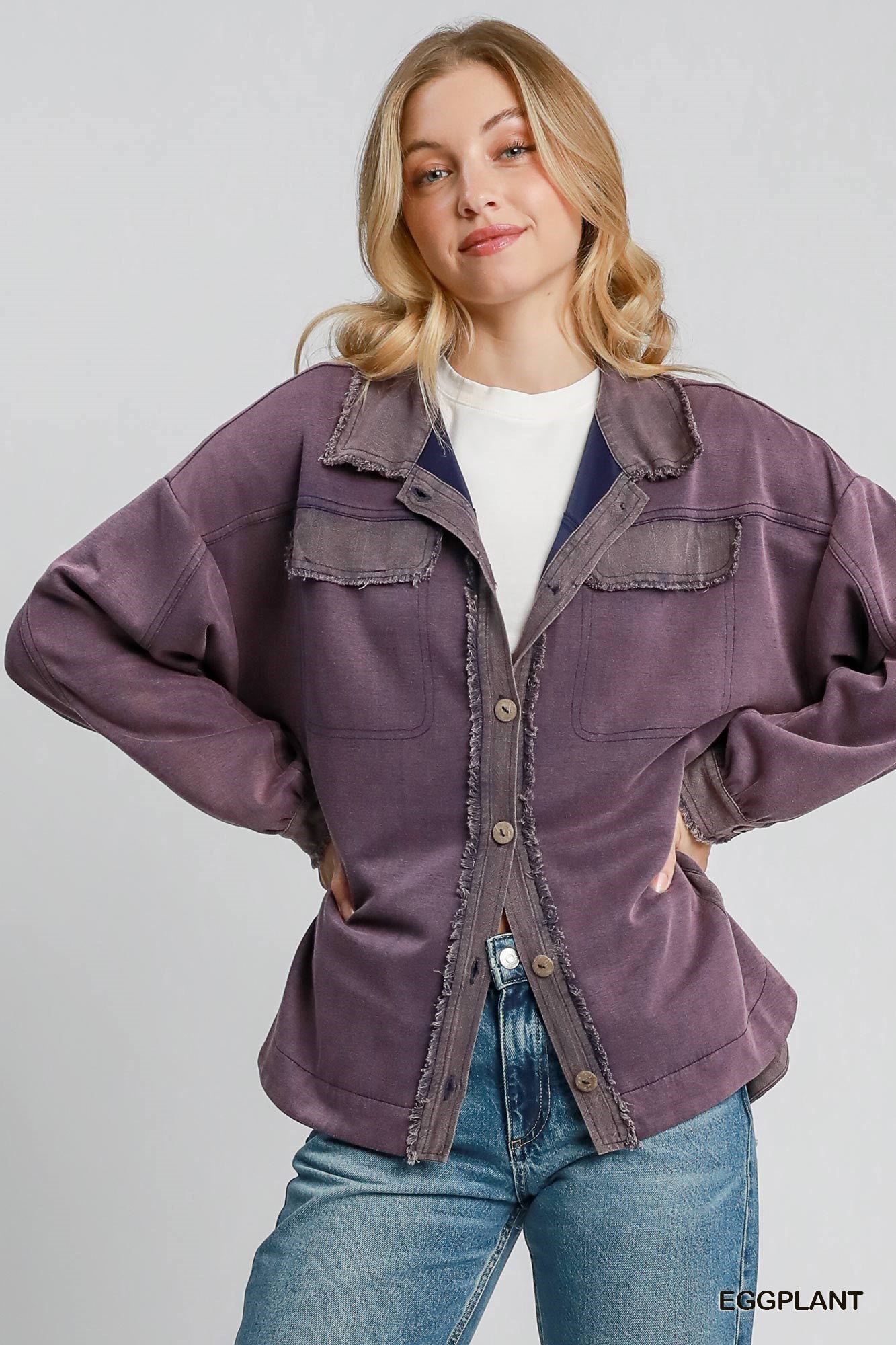 Umgee Luxeknit Mineral Wash Shacket In Eggplant-Shackets-Umgee-Deja Nu Boutique, Women's Fashion Boutique in Lampasas, Texas