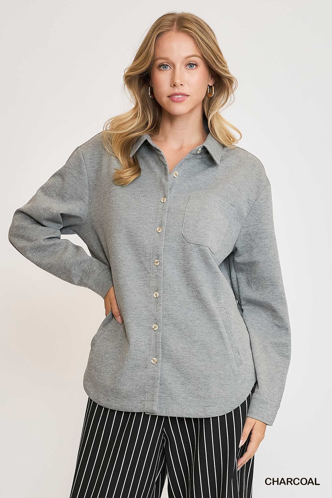 Umgee Luxknit Oversized Shirt Jacket In Charcoal-shirts-Umgee-Deja Nu Boutique, Women's Fashion Boutique in Lampasas, Texas