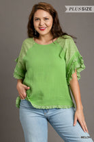 Umgee Melon Gauze Boxy Top With Eyelet Ruffle Detail Sleeves Plus-Curvy/Plus Tops-Umgee-Deja Nu Boutique, Women's Fashion Boutique in Lampasas, Texas