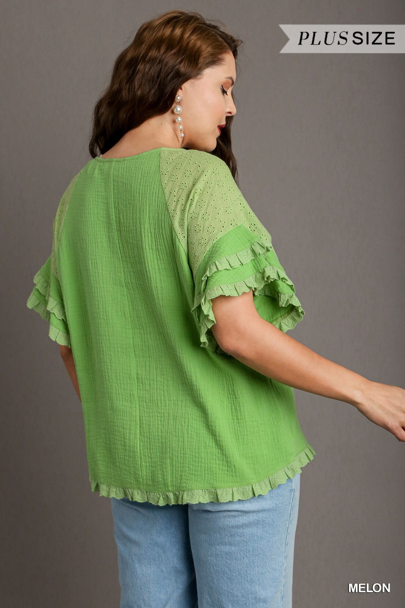 Umgee Melon Gauze Boxy Top With Eyelet Ruffle Detail Sleeves Plus-Curvy/Plus Tops-Umgee-Deja Nu Boutique, Women's Fashion Boutique in Lampasas, Texas