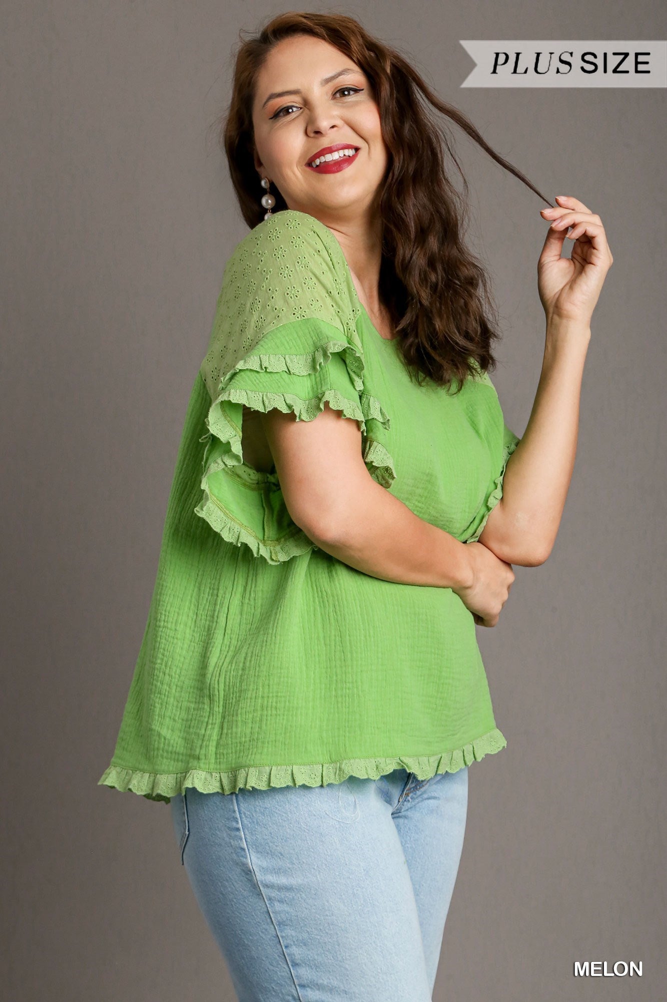 Umgee Melon Gauze Boxy Top With Eyelet Ruffle Detail Sleeves Plus-Curvy/Plus Tops-Umgee-Deja Nu Boutique, Women's Fashion Boutique in Lampasas, Texas